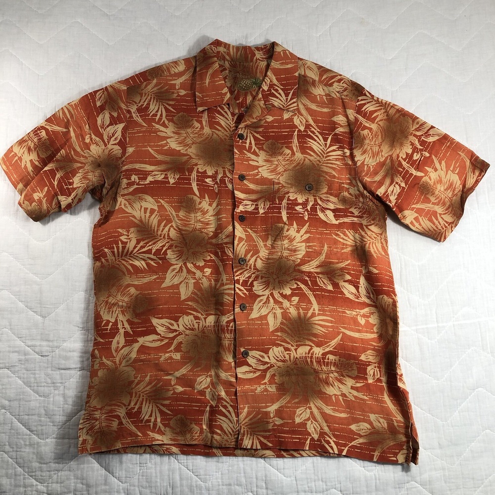 Caribbean Shirt Mens Medium Orange‎ Floral Buttoned Linen Hawaiian Bamboo